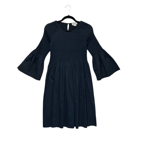 M. Patmos Stella Dress Women's Sz S Navy Cotton Smocked Bell Sleeve Boho Chic - Picture 2 of 6